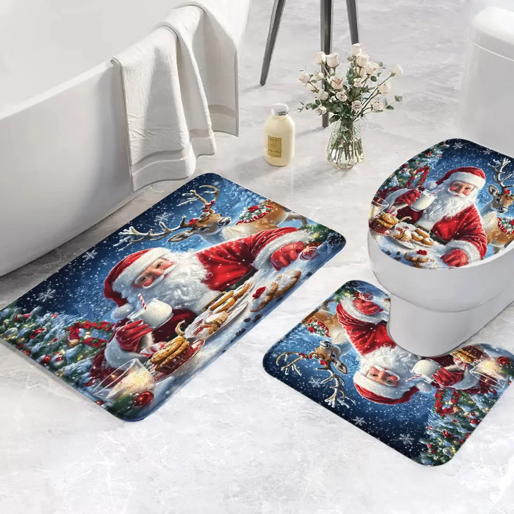 3 Piece Christmas Bathroom Rug Set Snowman Santa Claus Winter Snow Scene Pink Festive Gift Bath Mat Toilet Cover Bathroom Decor