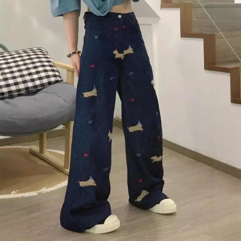 American Retro Creative Cartoon High-waisted Jeans for Women in Autumn Loose Wide-leg Design Casual and Versatile Trousers