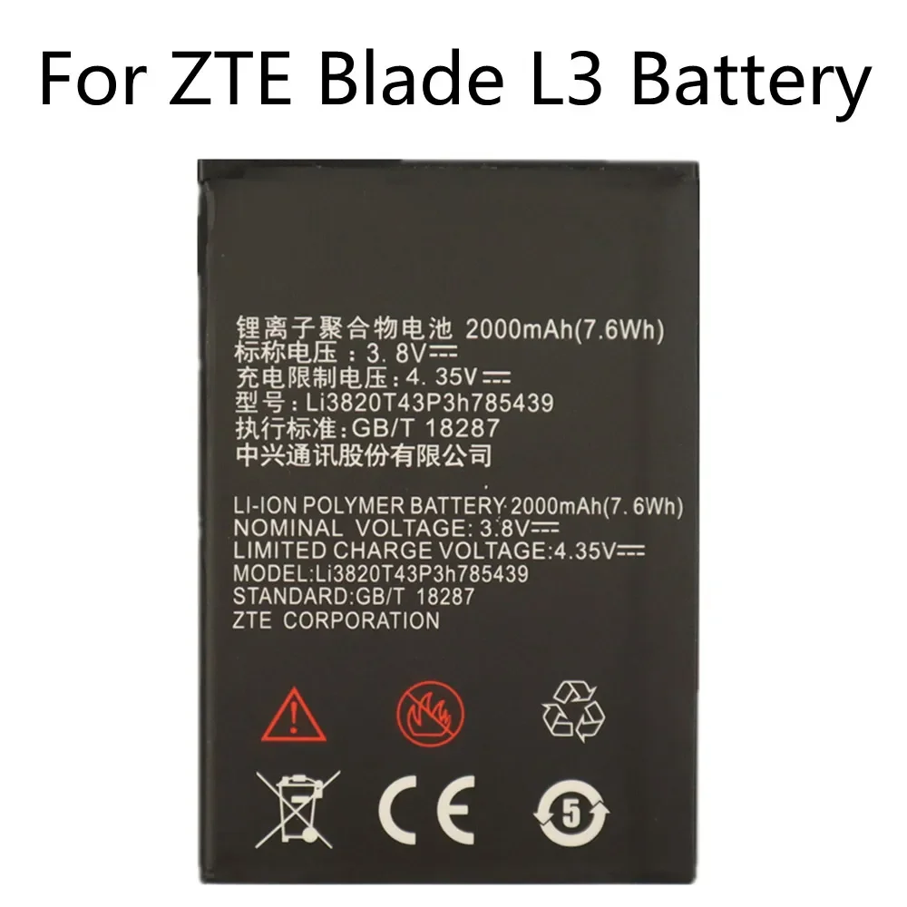 

For ZTE Blade L3 Mobile Phone Battery Li3820T43P3h785439 3.8V 2000mAh High Quality Replacement Batteries 2PCS/LOT