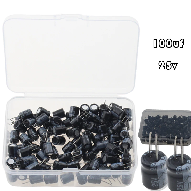 

100 шт. 100 мкФ/25 В алюминиевый электролитический конденсатор, со сквозным отверстием, специально для цепей источника питания