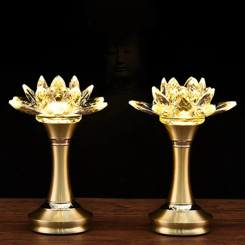 2pcs Crystal Lamp Ornaments Charge Yellow Light Buddha Hall Worship Home Decoration Buddhist Supplies for The