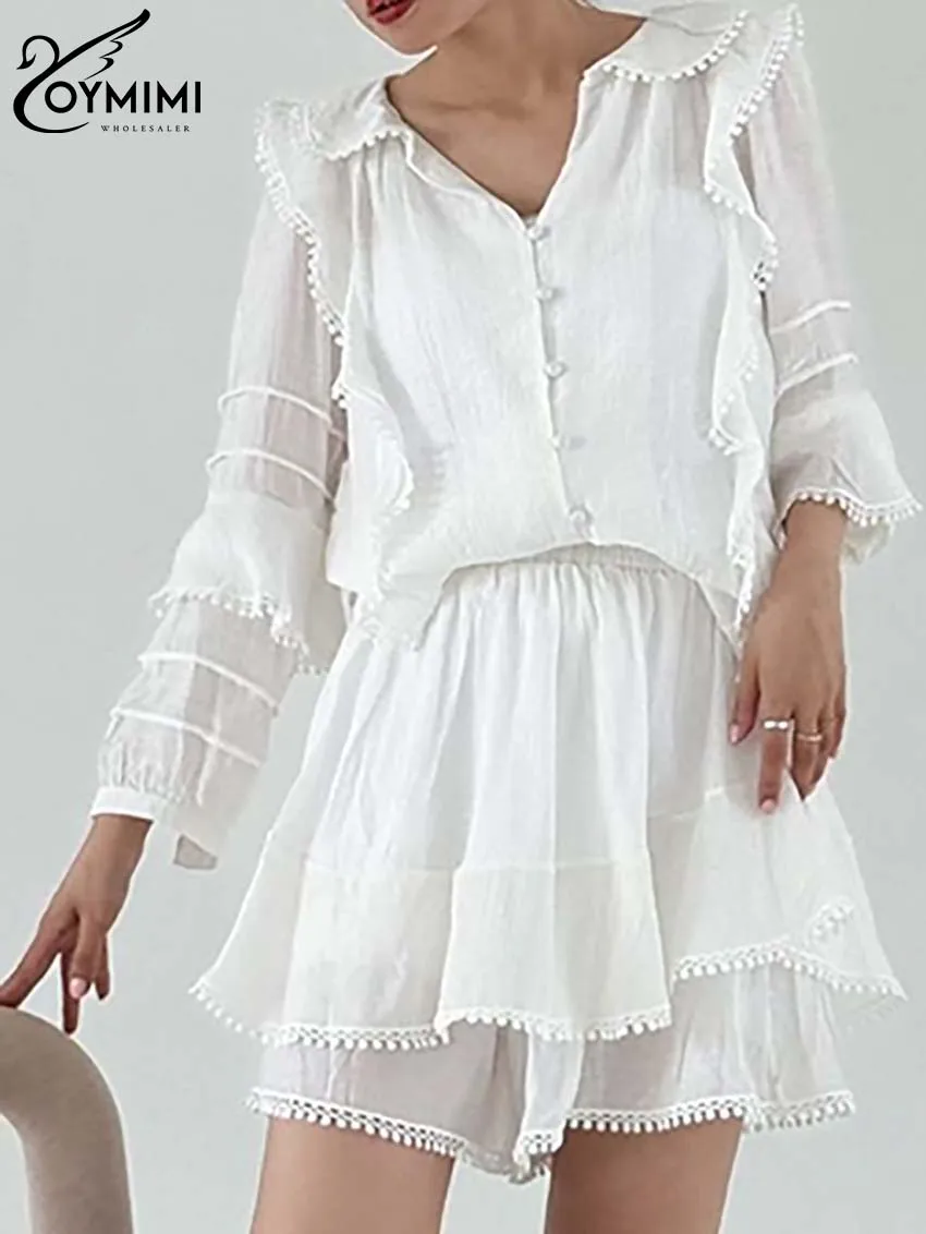 

Oymimi Fashion White Tassel Women 2 Piece Set Outfit Elegant Wrist Sleeve Button Shirts And High Waist Solid Shorts Female Sets