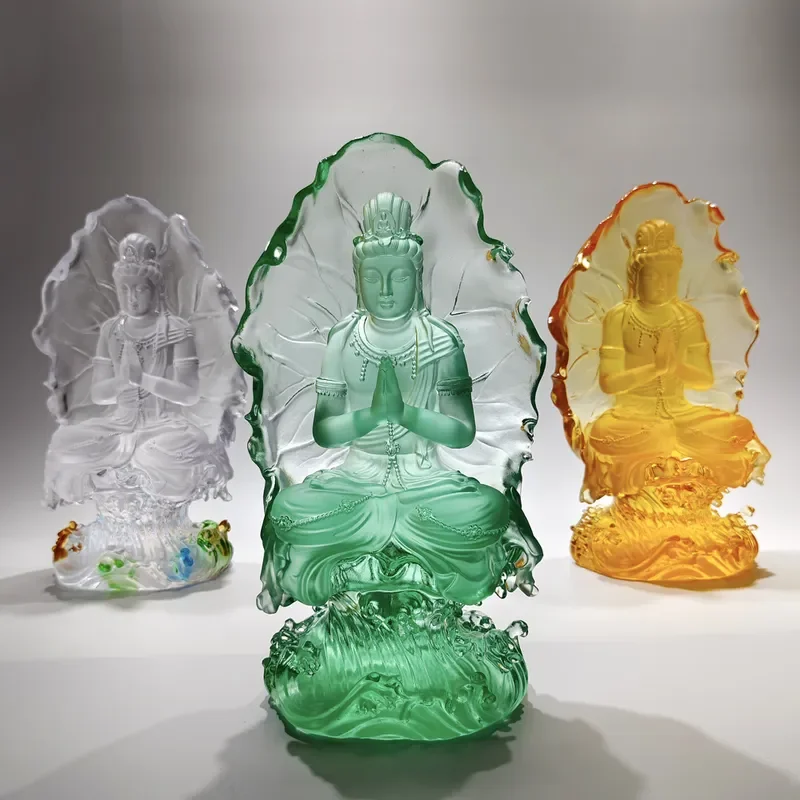Antique Glazed Buddha Statue Guanyin Bodhisattva Lotus Leaf Home Decor Handicraft Custom Temple Ornament Religious Art