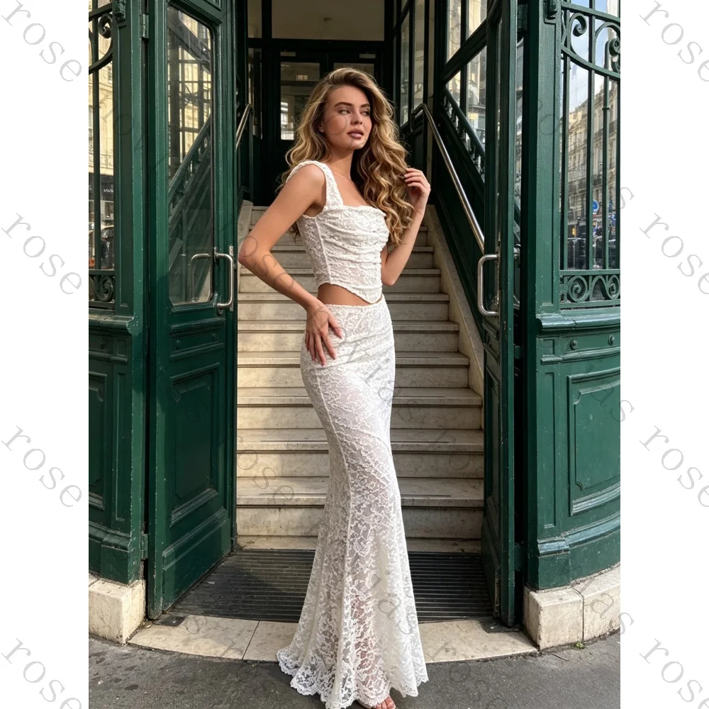 Customized Two-piece Bohemian Lace Square Neck Wedding Dresses with 2026 Suspender and Exposed Navel Satin Beach Bridal Gown