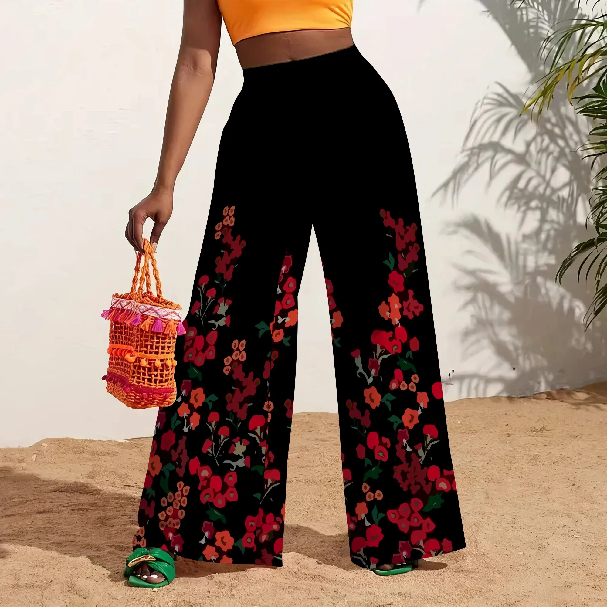 Colorful Patchwork Print Wide Leg Pants High Waist Bohemian Festival Streetwear Trousers