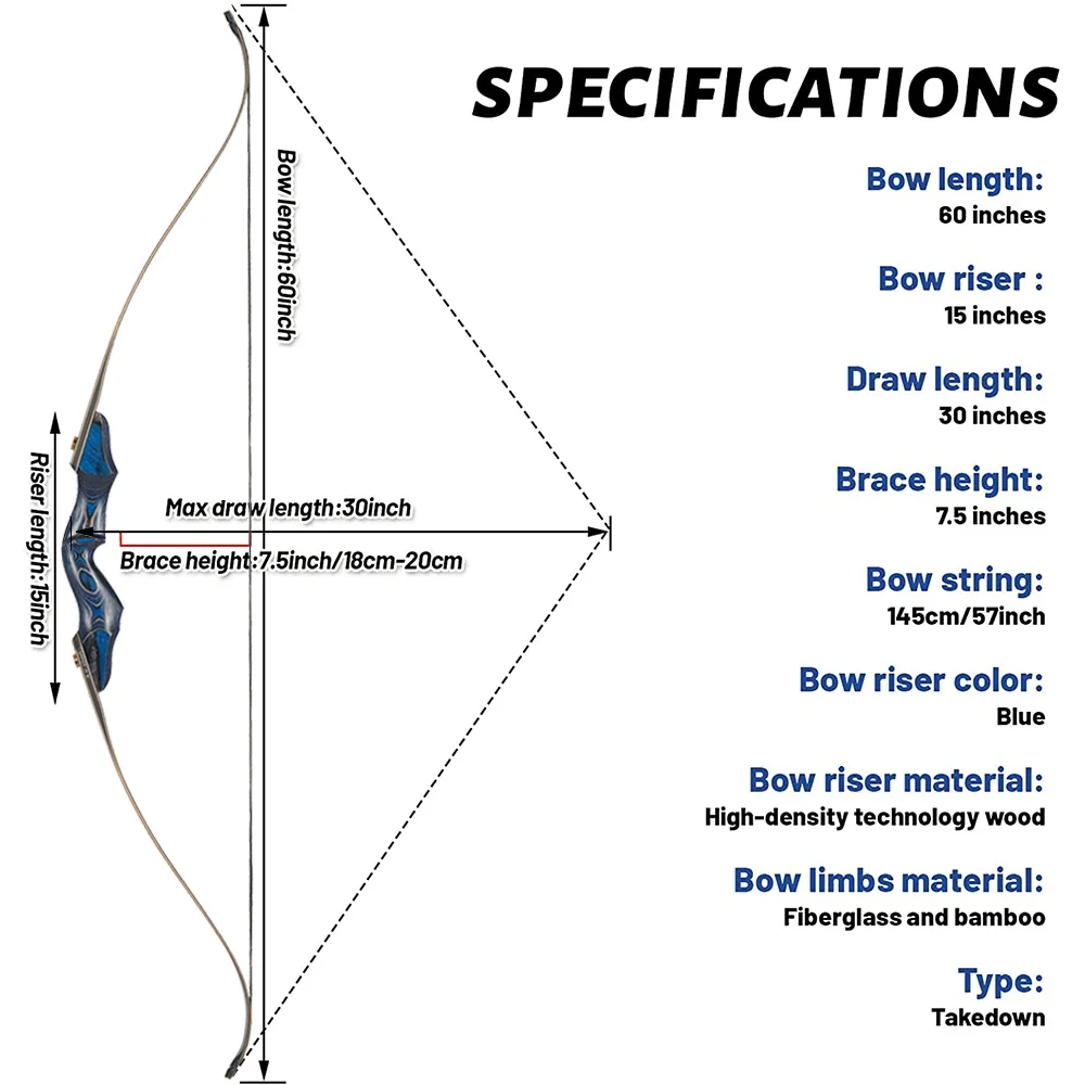 Toparchery 60“ 25~50lbs Blue Archery Bow Takedown Recurve Bow Wood Laminated Bow for Practice Outdoor Hunting Shooting Sports