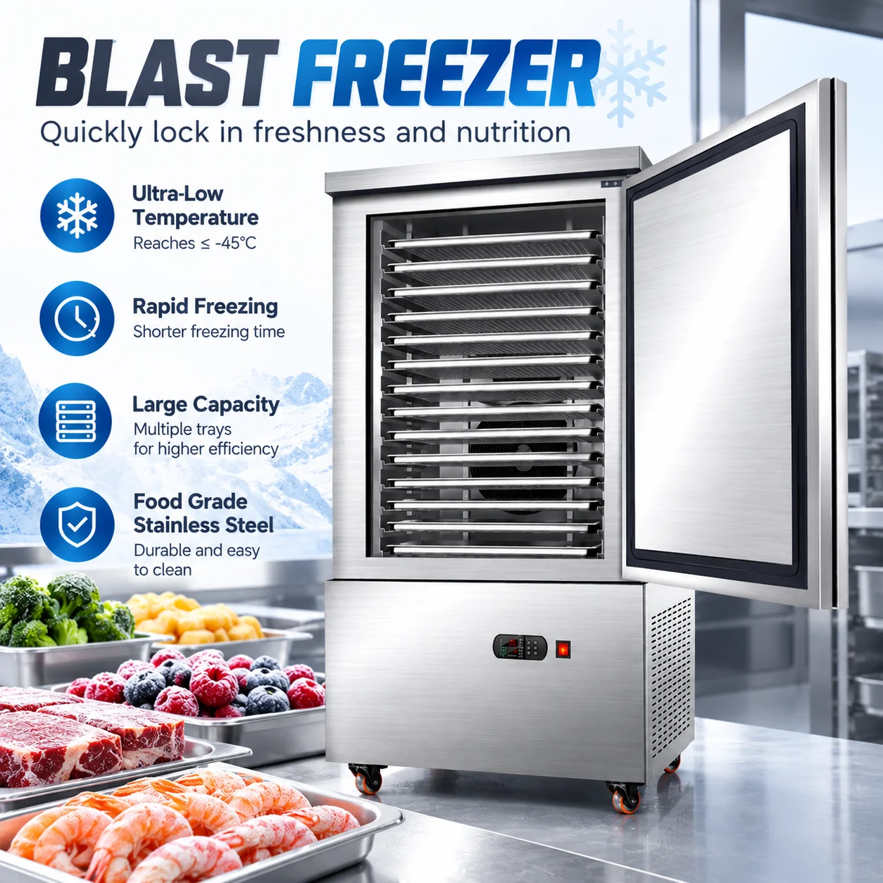 Commercial Blast Freezer -80°C Industrial Deep Freezer Upright Cabinet For Meat Seafood Food Processing And Quick Freezing