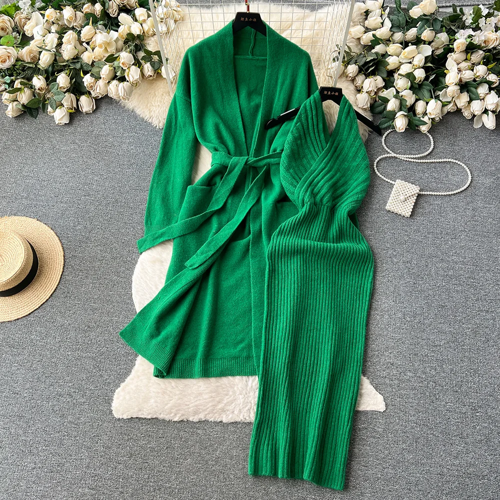 Croysier Autumn Winter Knit Co Ord Sets For Women Elegant Belted Long Cardigan And Halter Bodycon Midi Dress Sets Womens 2 Piece