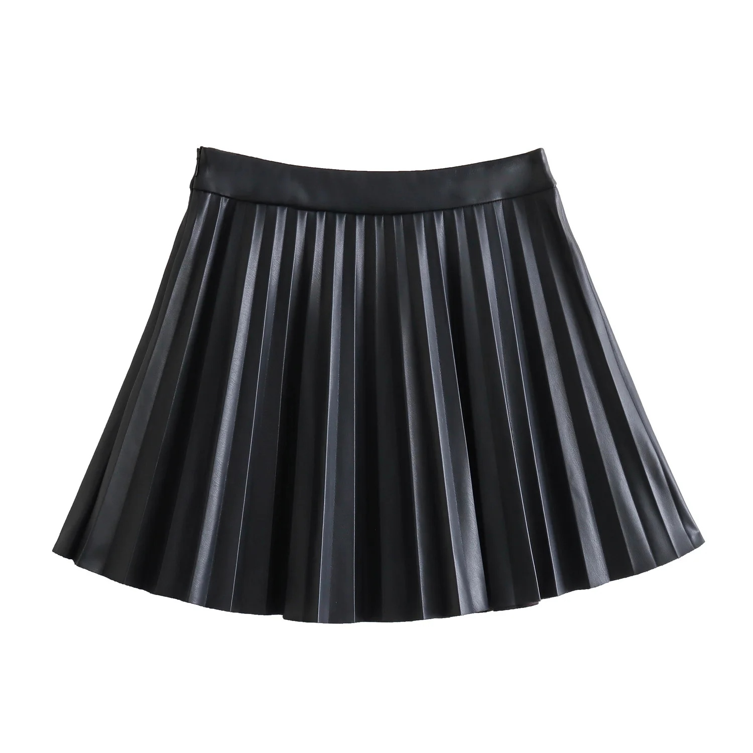 TRAF ZA Women 2025 Spring New Fashion Lazy Style Faux Leather Skirt Chic Side Zipper Pleated Casual Mini Skirt Mujer