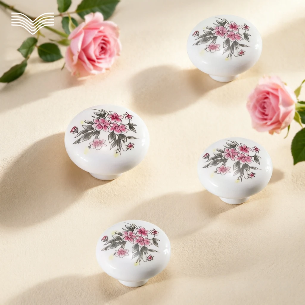 Round Floral Ceramic Single Hole Knobs Pastoral Style Furniture Hardware Drawer Pulls Decorative Wardrobe Shoe Cabinet Cupboard