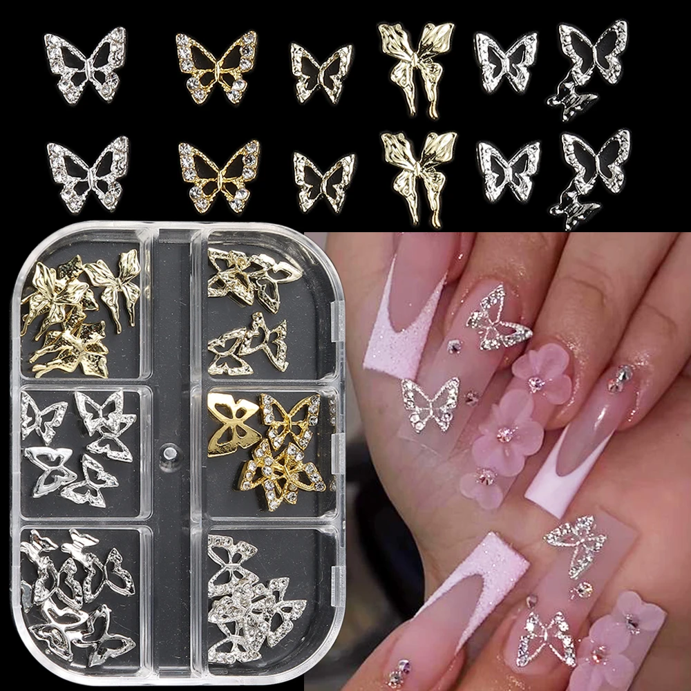 3D Papillon Nail Charms Or Argent Métal Papillon Strass Pendentif Pièces D'ongle Y2K Conception Diamants Manucure Décor GL6G-COH