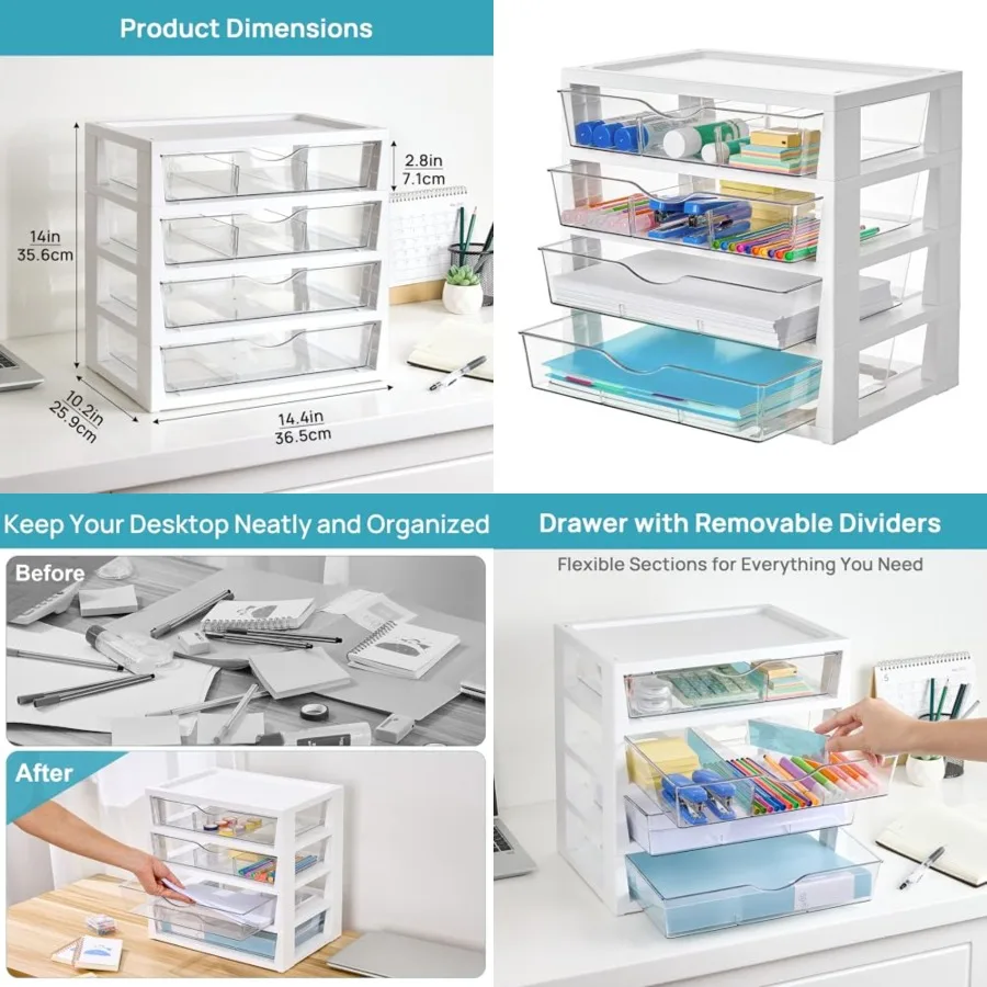 

Clear Desk Organizer, 4-Tier Assemble Desktop File Organizer with Drawers, Office Desk Organization for Office Supplies