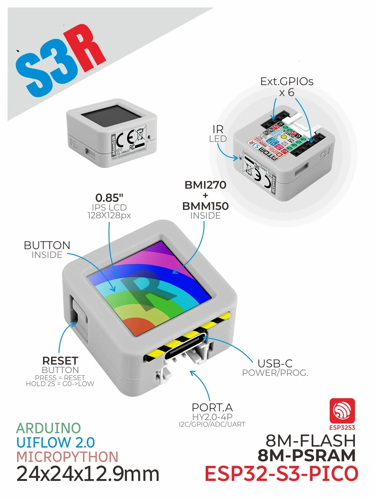 ATOMS3R Highly Integrated Internet of Things IoT Controller ESP32S3
