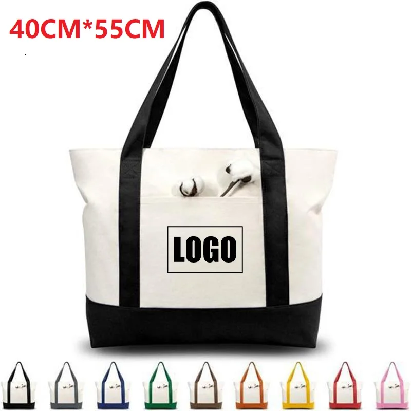 Custom LOGO Fashion Splice Color Biggest Storage Bags Shoulder Duffel Large-capacity Supermarket Shopping Zipper Canvas Handbags