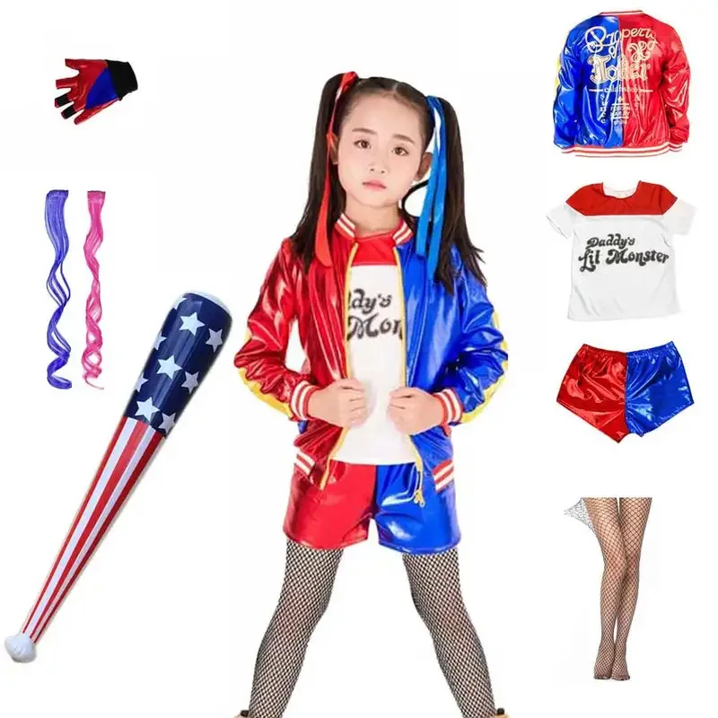 

Girls Harley Squad Monster Shirt Quinn Costume Printed Jacket Shirt Pants Gloves Suicide Quinn Cosplay Halloween Costume