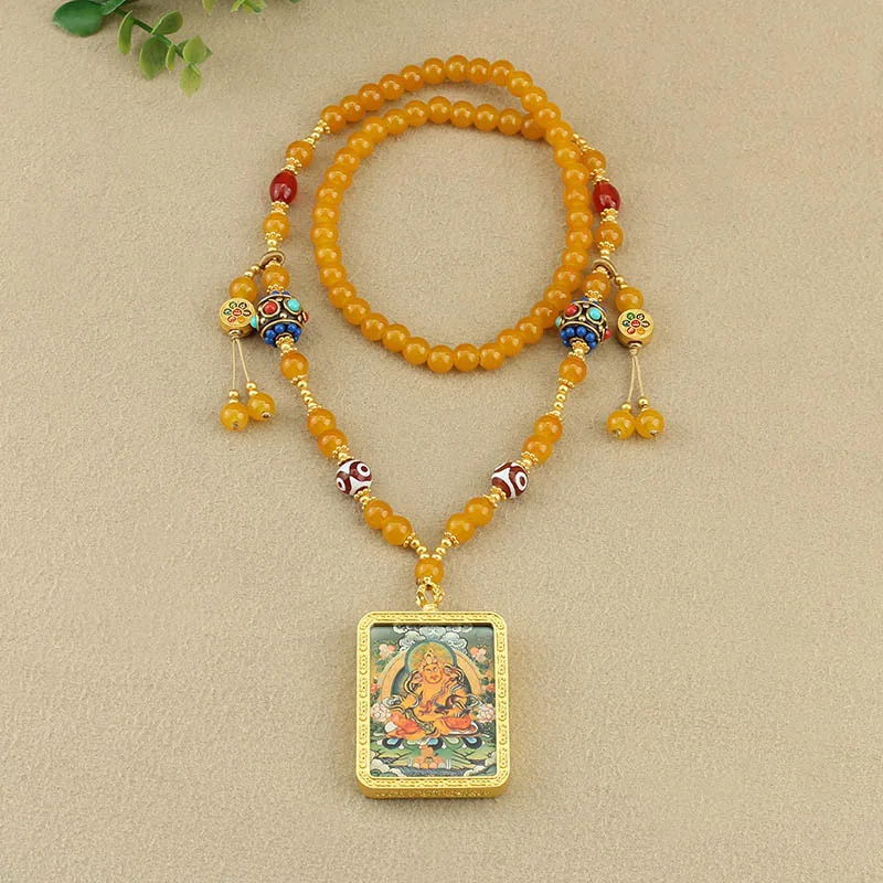 Tangka Pullover Kette Auspicious Muster Legierung Gelbe Perlenkette Männer Frauen Personalisierte Mode Halsketten Schmuck – Detail 5