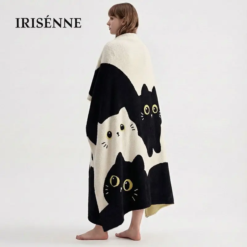 IRISENNE Three Cats Pattern Half Fluffy Fleece Blanket Soft Warm Couch Throw Air Conditioner Car Blanket 100% Polyester