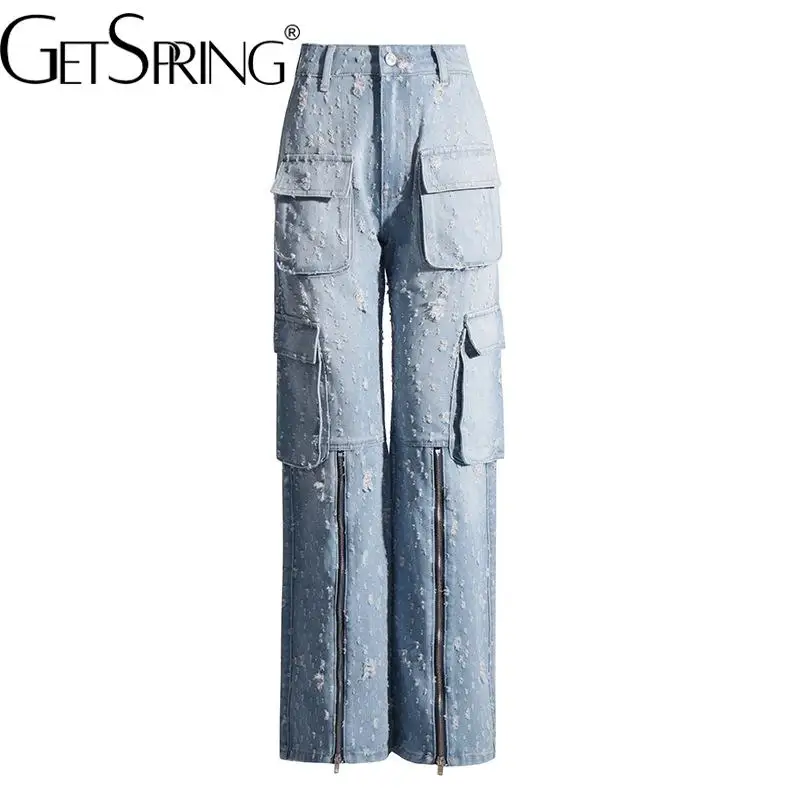 GetSpring Women Jeans 2025 Spring Ripped Multi Pockets High Waist Long Stright Jeans Fashion All Match Loose Long Denim Pants