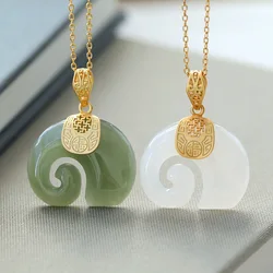 Vintage White Hetian Jade Elephant Pendant 18K Gold Plated Chain Necklace Stainless Steel Sapphire Choker Jewelry for Women