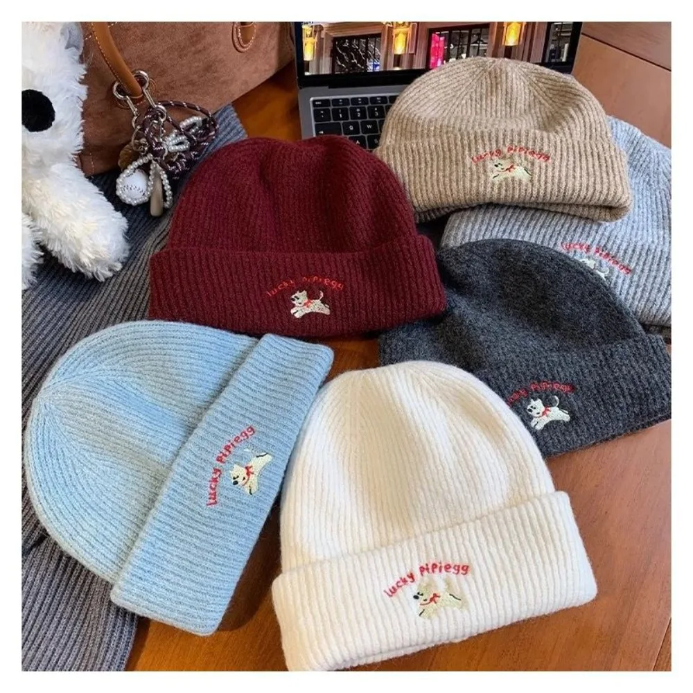 Fashion Puppy Embroidery Winter Knitted Hat Thicken Winter Warm Beanie Cap Windproof Soft Crochet Bonnet Hat