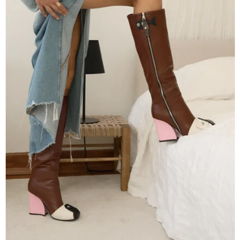 

Square Head Rivet Side Zipper Wedge Heel Knight Boots Woman Winter 2026 Color-Mixed Knee-High Chunky Heel Boots Fashion Shoes