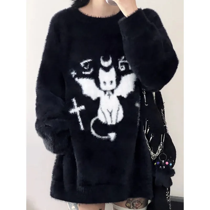 Devil Black Crewneck Sweater Cat Winter 2023 Y2k Clothes Sweater Women New Loose Knit Top Outfit Korean Casual Jumpers