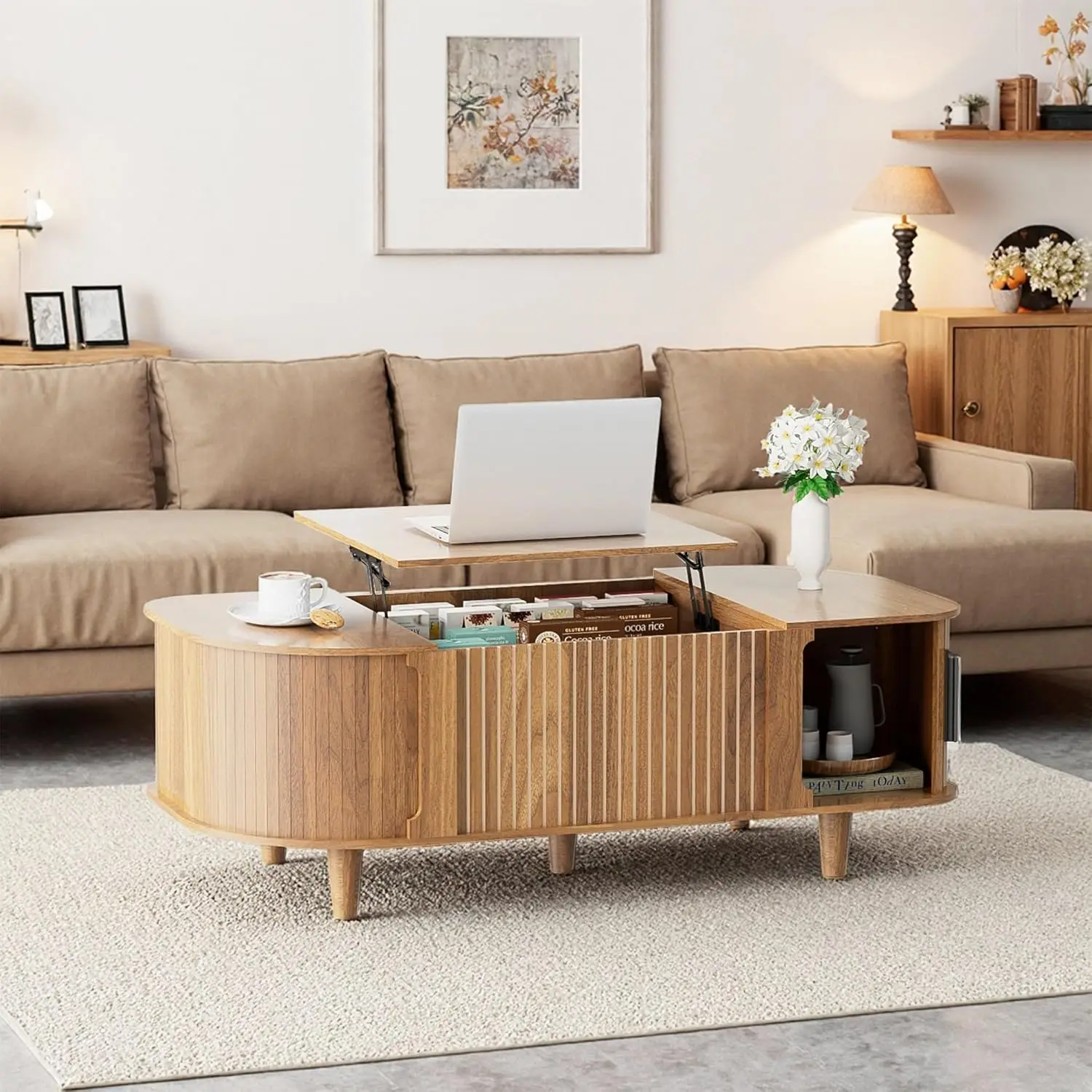 

Lift Top 41" Walnut Coffee Table Oval Mid Century Hidden Storage Sliding Door Cabinet Living Room Office, Customized