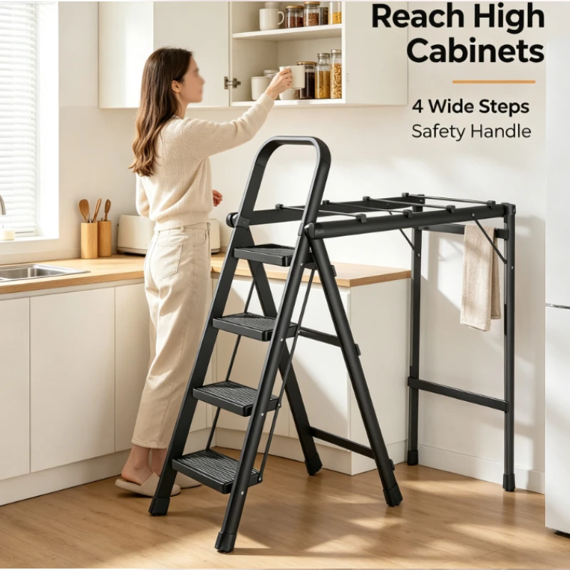 Multifunctional Folding Ladder With Drying Rack For Indoor Balcony And High Reach Tasks In Home Use