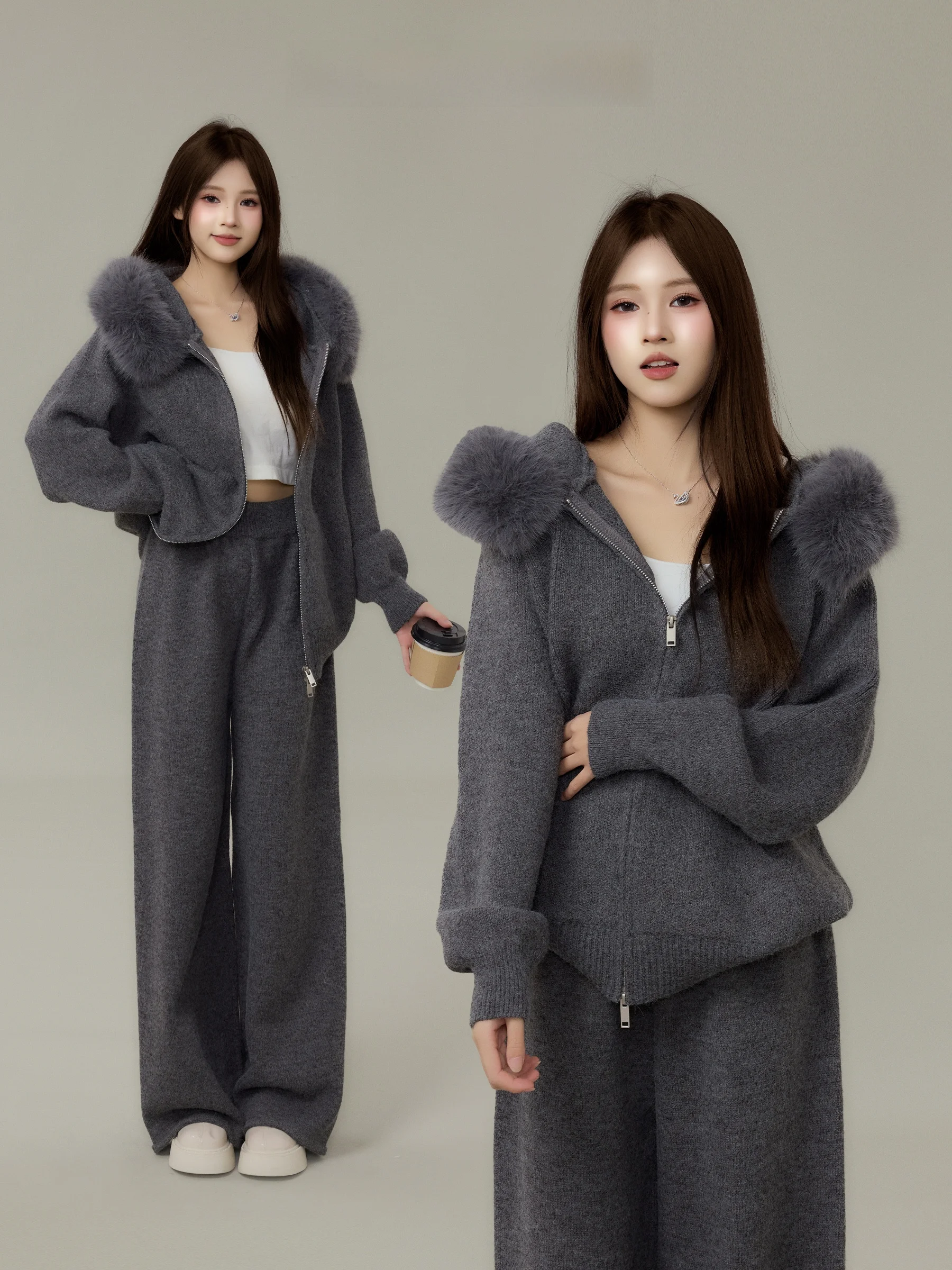 

Korean Style Knitted Set Women's Autumn Winter Hooded Coat And Long Pants Two-Piece Suit Comfortable Casual Fashion