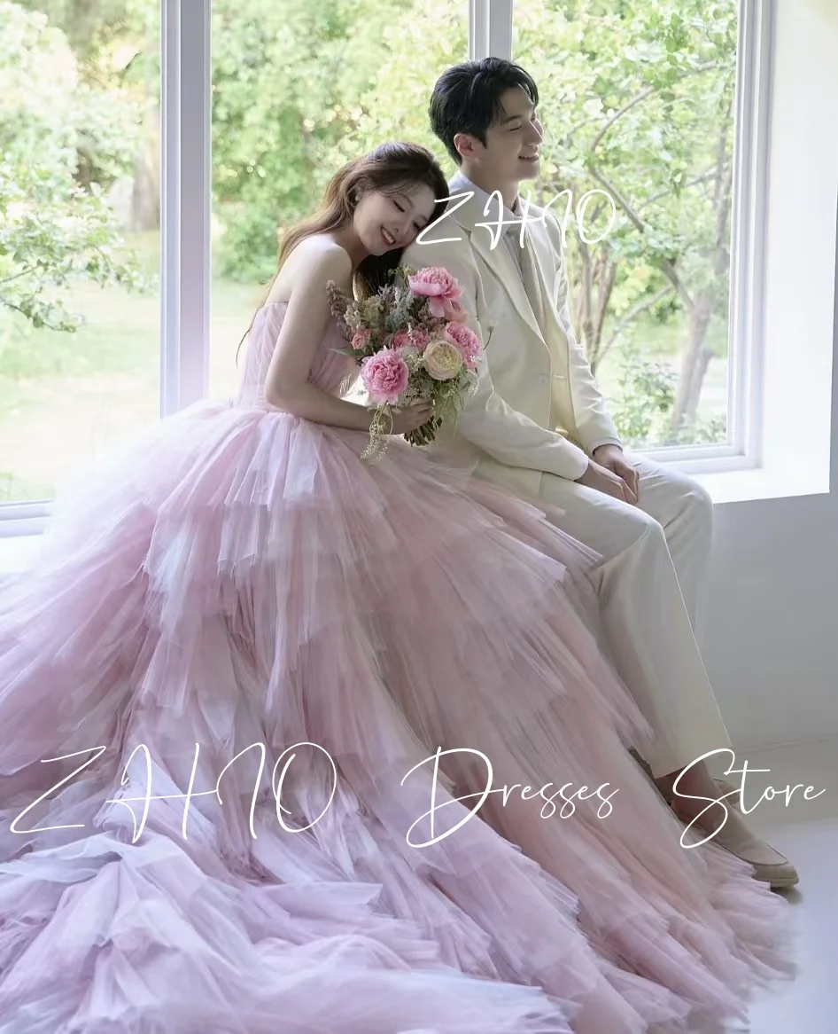 Zhi doce rosa vestido de casamento sem alças drapeado a linha trem varredura tule coreia sessão de fotos vestido de recepção de noiva personalizado luxo