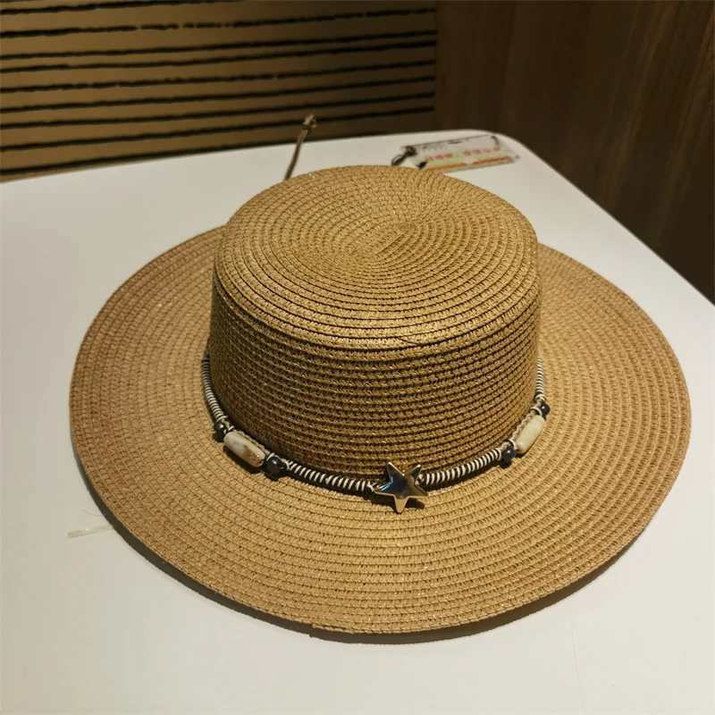 Sun Hat Straw Hat Wide Brim Sun Protection Flat Top Woman 2024 Khaki Beige Summer Spring Beach Casual Outdoor Gorras Para Mujer