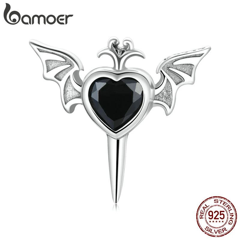 Bamoer 1PC Genuine 925 Sterling Silver Black Zirconium Love Wings Earrings for Women Cool Girl Stud Earrings Fine Jewelry Gift