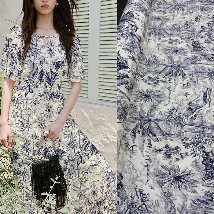 

Сине-белая ткань из шелкового стрейч-крепдешина с ботаническим принтом в стиле джунглей, материал из тутового шелка для платьев и блузок