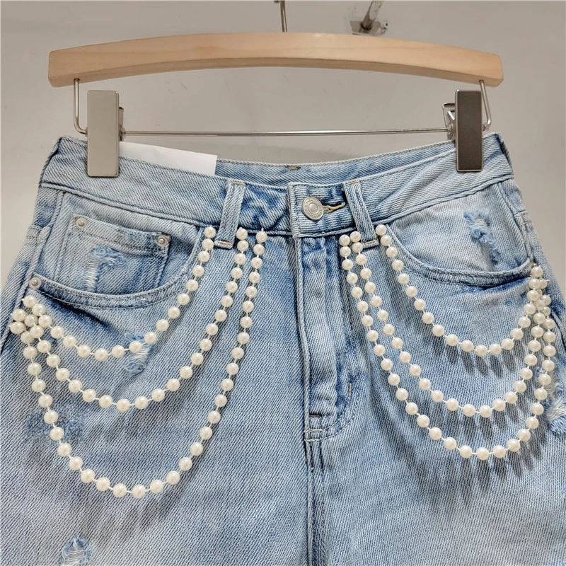 DEAT Heavy Industry Beaded Chain Decoration Fur Edge Wide Leg shorts Women's High Waist Denim short Pants 2024 summer 11XX9153