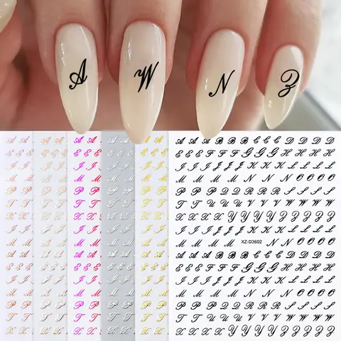 Autocollants pour ongles avec lettres romaines 3D, 1 pièce, or/argent/noir/Laser Alphabet, décalcomanie auto-adhésive Y2K mots anglais/numéro, curseurs de manucure
