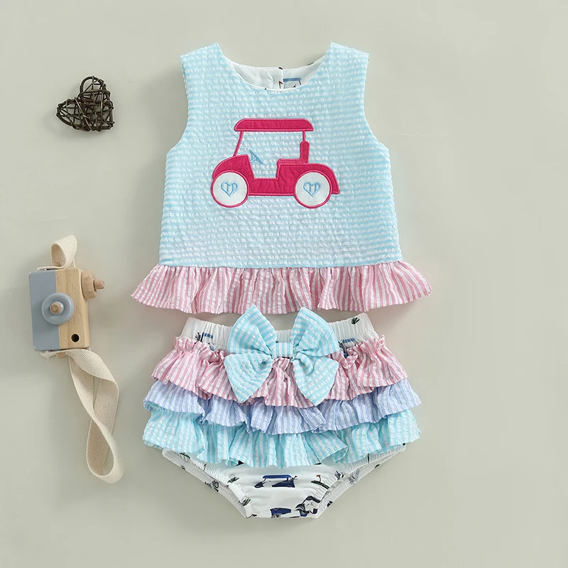 Toddler Girl Summer Outfit Golf Cart Embroidery Stripe Print Round Neck Tank Tops with Tiered Ruffled Shorts 2Pcs Set