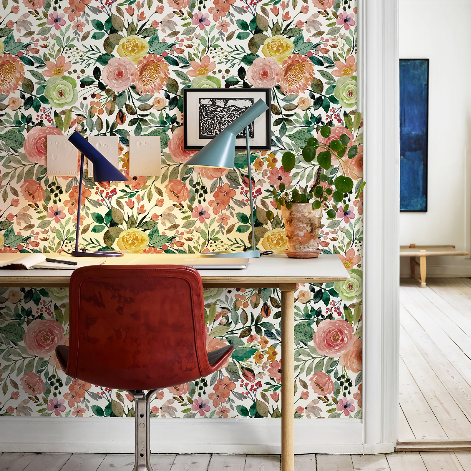 Pink Floral Peel And Stick Wallpaper Classic Green Leaves Watercolor Home Wall Decor Waterproof Flower Furniture Cabinet sticker