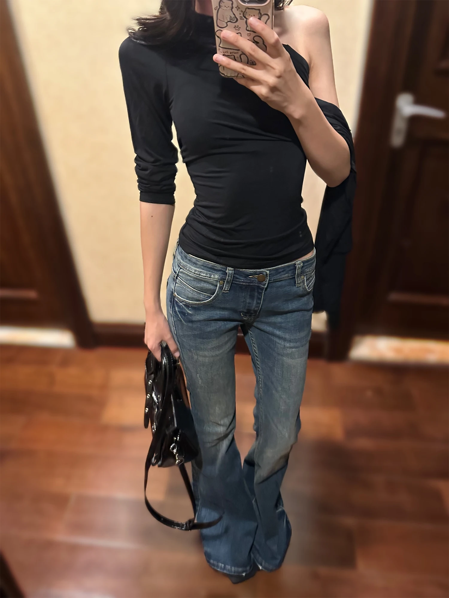 

E7Q8 Широкие джинсы с низкой талией American Sle Повседневные утягивающие классические джинсы для девочек Drag Floor Женские повседневные брюки