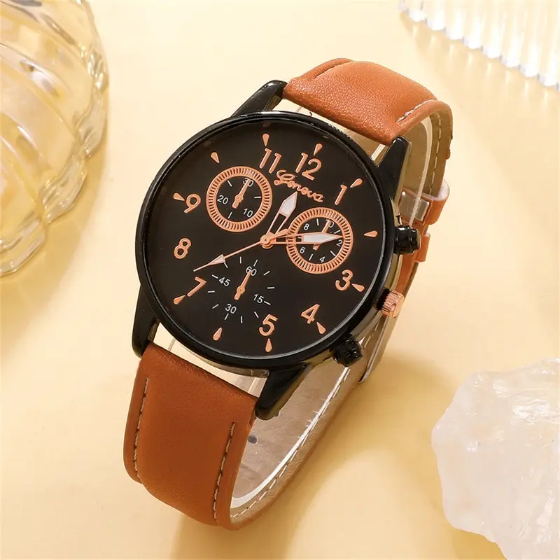 New Men Watch Luxury Bracelet Set Fashion Business Brown Leather Quartz Wrist Watches for Men Gift Set Relogio Masculino