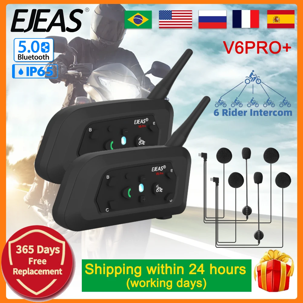 

EJEAS V6PRO+ Motorcycle Intercom Helmet Bluetooth Headset Full Duplex 6 Riders Interphone Communicator Remote Control Waterproof