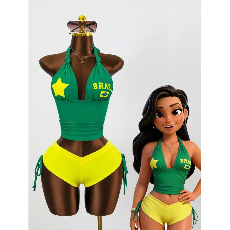 Summer American street hot girl hanging neck sleeveless short Brazilian print slim fit and slimming temperament vest shorts set
