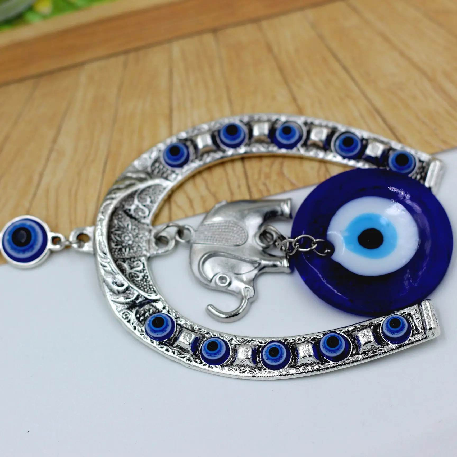 Turkish Blue Evil Eye Wall Hanging Horseshoe with Elephant Horseshoe with Elephant Car Pendant Lucky Ornament Home Decor