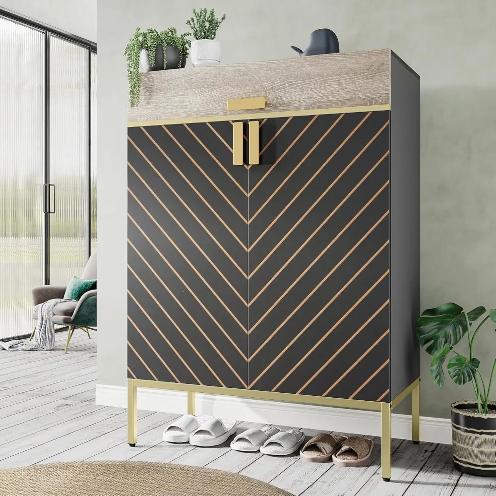 4-Tier Wooden Shoe Cabinet with Door, Drawer, and Adjustable Shelves for Entryway Storage