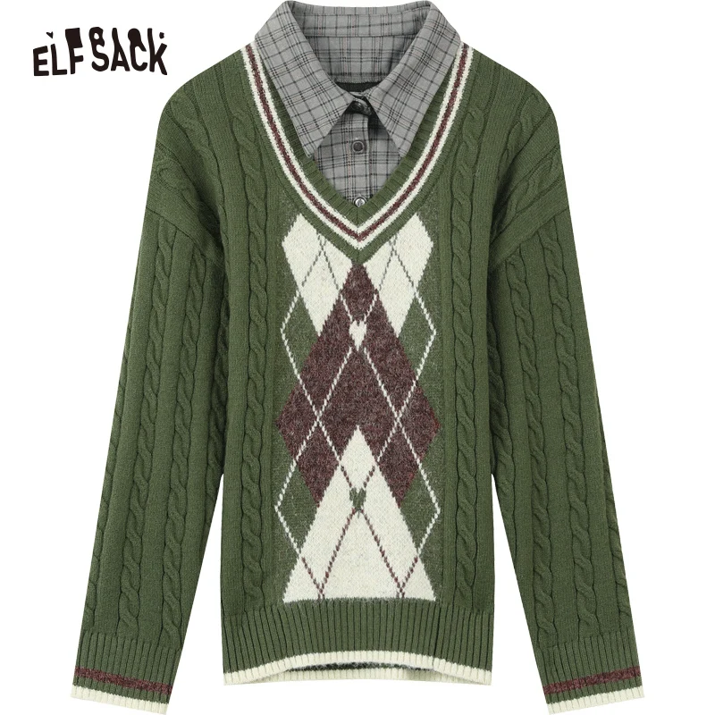 ELFSACK-suéteres Retro de rombos para mujer, Jersey empalmado, Tops de diseñador de talla grande, invierno, 2023