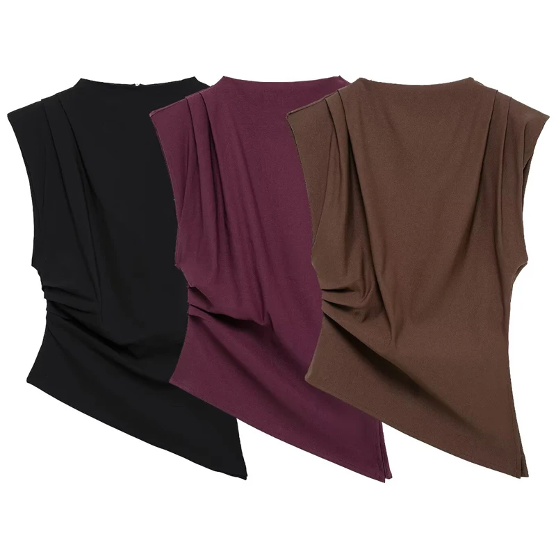 HXAO المرأة تي شيرت مطوي بلايز غير متناظرة صيف 2025 أسود أحمر بني المرأة عادية تكدرت شق سليم بلا أكمام تي شيرت