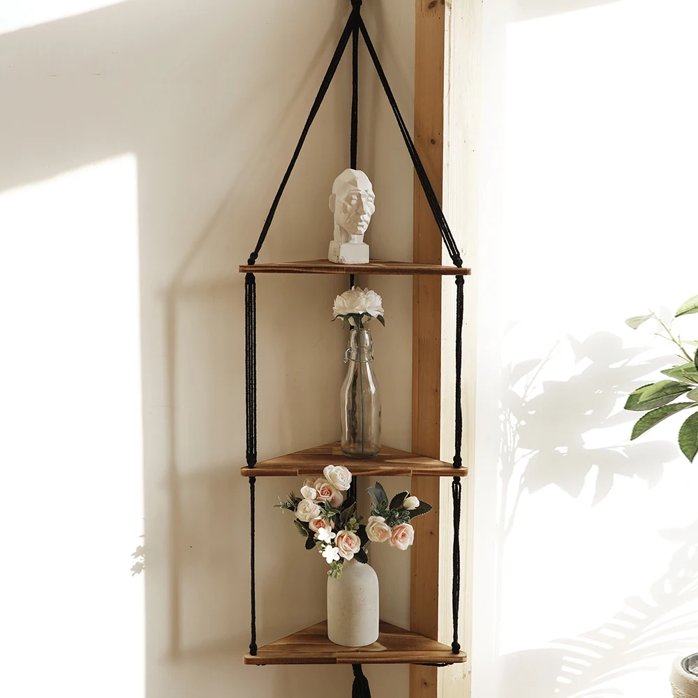3-tier Triangle Wooden Wall Hanging Floating Wall Shelf Corner Storage Rack Home Decorations Plant Flower Pot Tray Display Stand