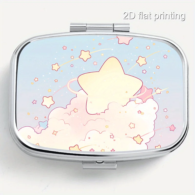 Metal Box with Star and Cloud Pattern Print, 2 Compartments, Portable Mini Metal Box for Vitamins, Household Travel Portable, Multifunctional Organizer, Multi-Compartment Storage for Earrings, Jewelry, and Decorations, Sealed and Moisture-Proof, Unique Holiday Gift for Family and Friends