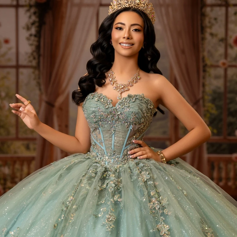 Green Glitter Quinceanera Dresses Off Shoulder Ball Gown Sweet 16 Dress Applique Lace Beading Crystal Tull Party Birthday Vestid