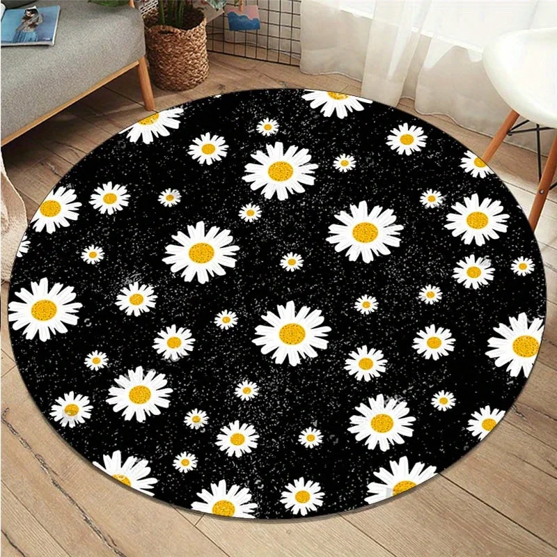 

1pc Crystal Velvet 3D Nordic Daisy Print Round Rug - Non-slip, Soft, Perfect for Bedroom or Living Room Decoration