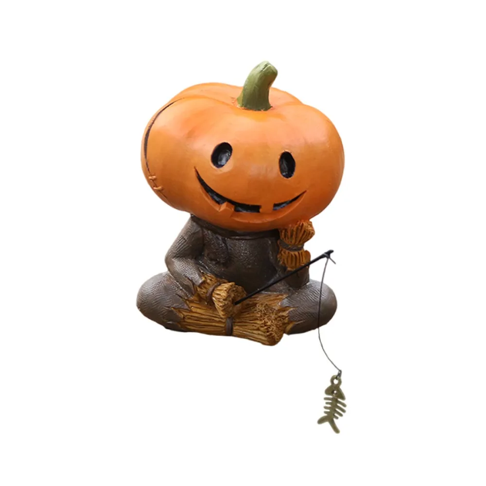 

Resin Pumpkin Scarecrow Fishing Statue Cute Cartoon Pumpkin Elf Sculpture Creative Waterproof Miniatures Figurine Flowerpot